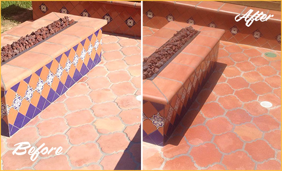 Before and After Picture of a Dull Willets Point Terracotta Patio Floor Sealed For UV Protection