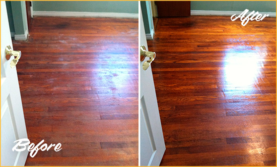 Before and After Picture of a Garment District Wood Deep Cleaning Service on a Dull Floor to Remove Stains
