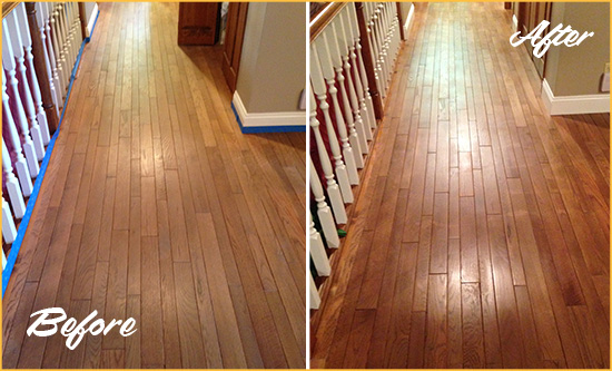 Before and After Picture of a Bellerose Wood Deep Cleaning Service on a Worn Out Floor