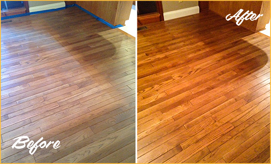 Before and After Picture of a Mill Basin Wood Sand Free Refinishing Service on a Dull Floor to Recover Its Sheen