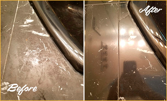 Before and After Picture of a Forest Hills Marble Countertop Cleaned to Remove Deep Dirt