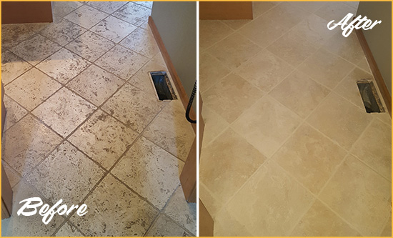 Before and After Picture of a Linden Hill Kitchen Marble Floor Cleaned to Remove Embedded Dirt