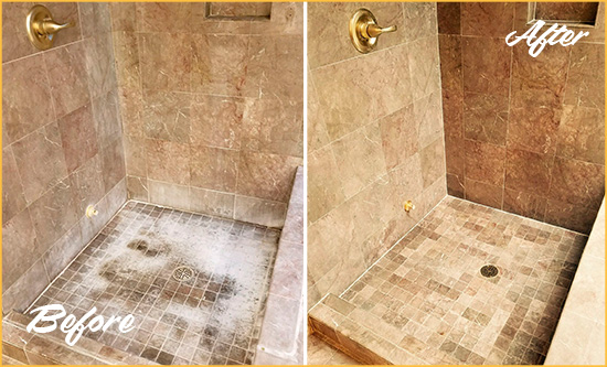 Before and After Picture of a Whitestone Travertine Shower Cleaned to Eliminate Water Spots