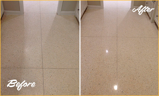 Before and After Picture of a Dull Kips Bay Granite Floor Honed to Recover Its Sheen