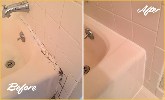 Before and After Picture of a Strivers' Row Hard Surface Restoration Service on a Tile Shower to Repair Damaged Caulking