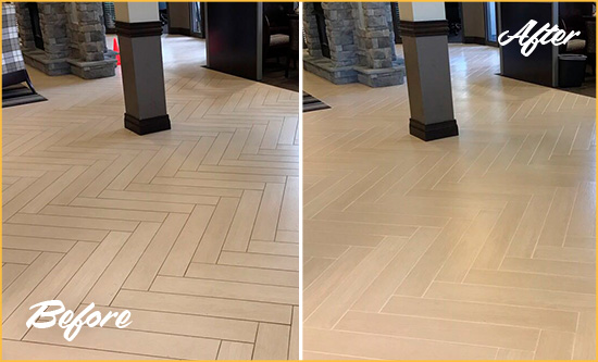 Before and After Picture of a Waterside Plaza Hard Surface Restoration Service on an Office Lobby Tile Floor to Remove Embedded Dirt