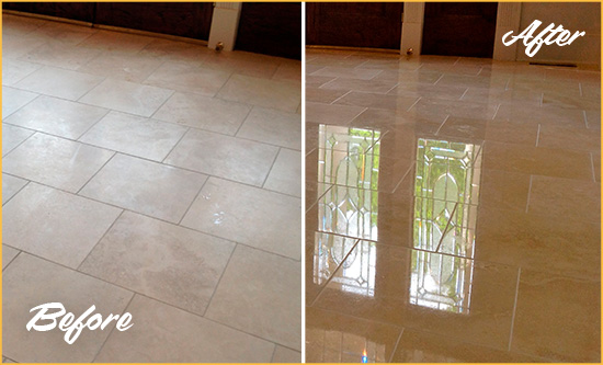 Before and After Picture of a Rockefeller Center Hard Surface Restoration Service on a Dull Travertine Floor Polished to Recover Its Splendor