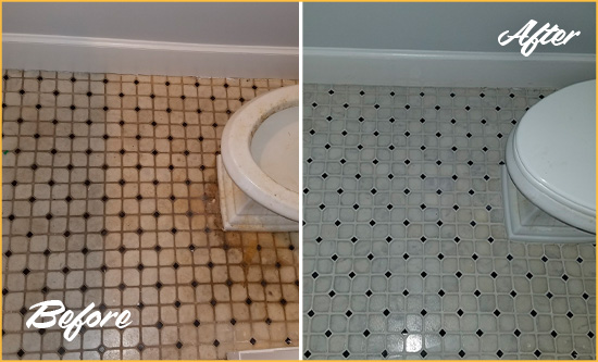 Before and After Picture of a Astor Row Bathroom Floor Cleaned to Remove Embedded Dirt