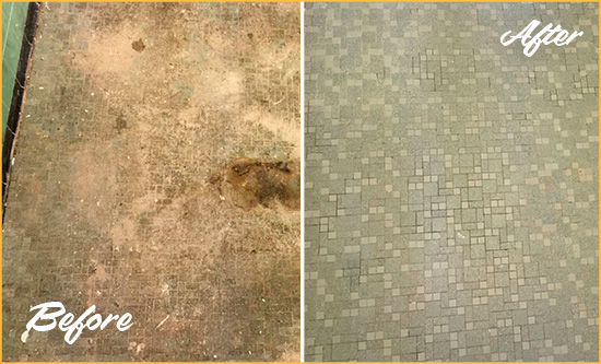 Before and After Picture of a Little Neck Mosaic Shower Cleaned to Eliminate Embedded Dirt
