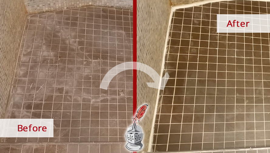 Before and After Picture of a Tile Shower Floor Grout Sealing Service in Manhattan, NY