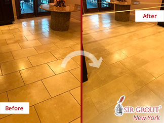 Before and After Picture of a Tile Floor Grout Cleaning Service in Middle Village, New York