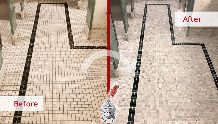 Before and After Picture of a Marble Bathroom Floor Grout Cleaning and Sealing Service in Manhattan