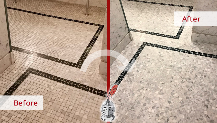 Before and After Picture of a Marble Bathroom Floor Grout Cleaning and Sealing in Manhattan, NY