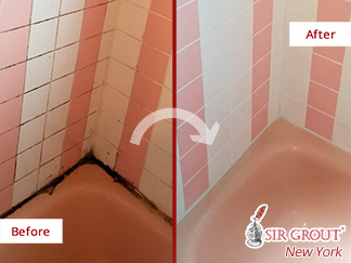 Before and After Picture of a Shower Restoration After Our Tile and Grout Cleaners Service