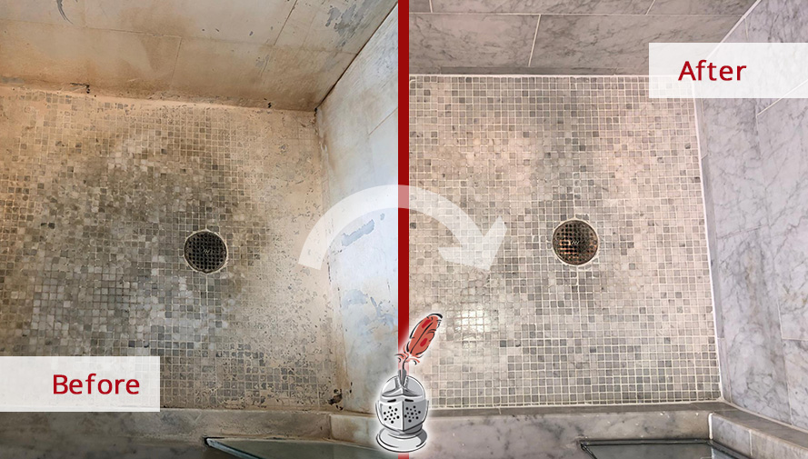 Before and After Picture of a Natural Stone Shower Floor Cleaning Service in Manhattan, NY