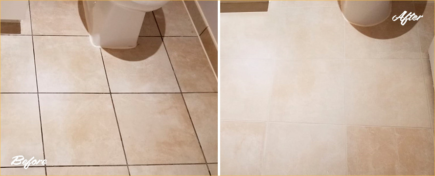Before and After Picture of a Tile Floor Grout Cleaning in Williamsburg, NY