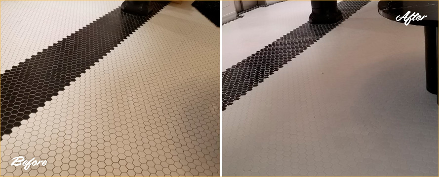 Before and after Picture of a Tile Cleaning Process in Brooklyn Heights