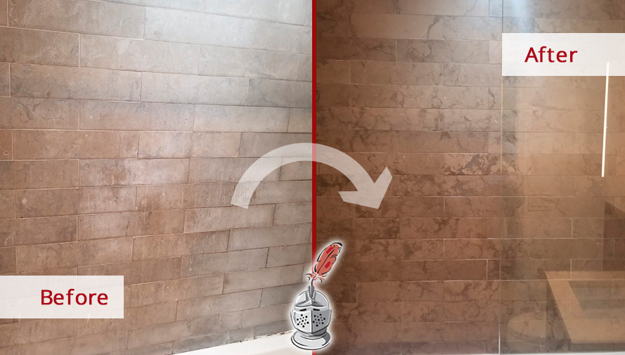 Before and After Image of a Shower's Natural Stone Cleaning in Long Island City