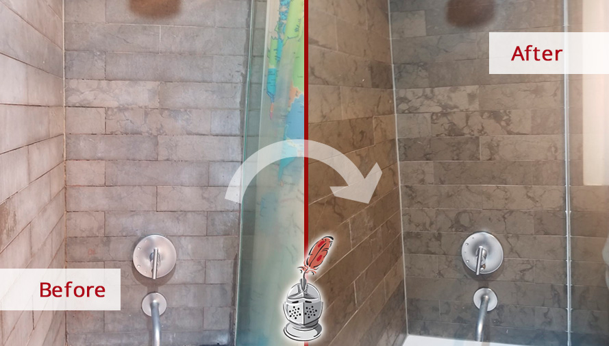 Before and After Image of a Slate Shower Stone Cleaning in Long Island City
