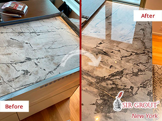 Before and After Image of a Marble Counter After a Stone Polishing in Manhattan, NY