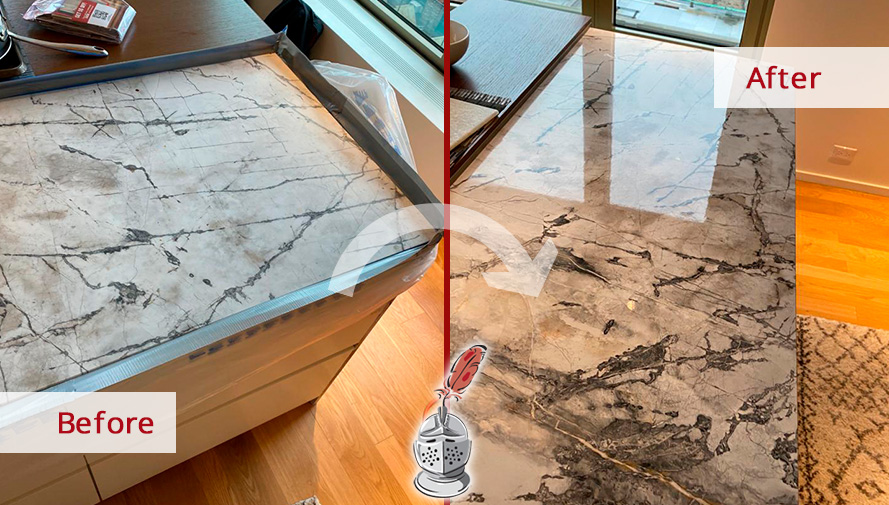 Before and After of a Marble Kitchen Counter After a Stone Polishing in Manhattan, NY