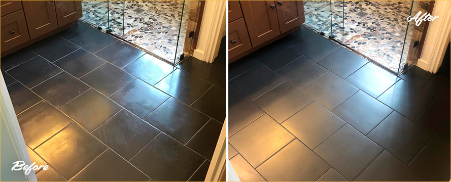 Tiled Black Floor Before and After Our Grout Sealing in Soho, NY