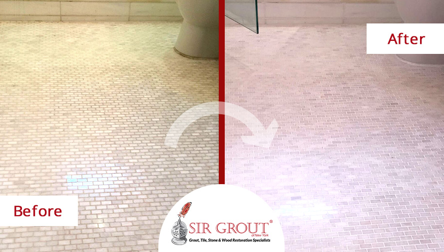 Before and After Picture of How a Marble Bathroom Floor was Left Like New Thanks to a Grout Cleaning Service in Brooklyn Heights