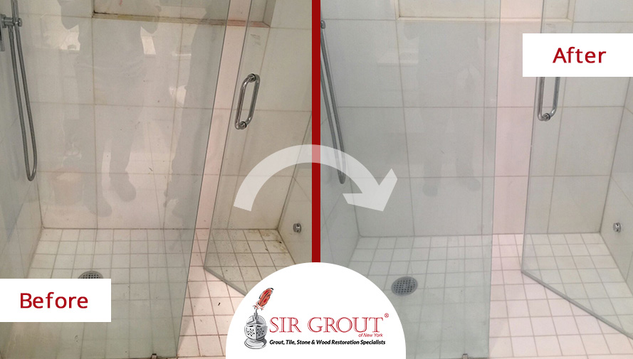 Before and After Picture of a Shower Cleaning and Polishing in Manhattan, NY