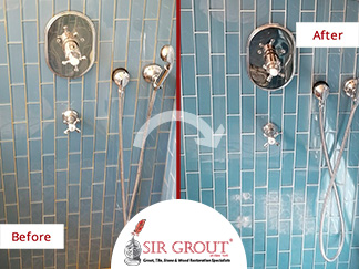 Before and After Picture of a Bathroom Grout Recoloring in Manhattan, New York