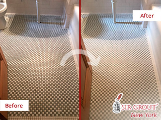 Before and After Picture of a Bathroom Floor Tile Cleaning in Manhattan, NY