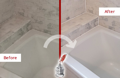 Before and After Picture of a Marble Bathroom Caulking on the Tub Joints