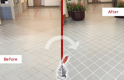 Picture of an Office Lobby Tile Floor Before and After a Grout Repair