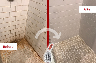 Before and After Picture of a Long Island City Shower Tile and Grout Cleaned to Eliminate Mold and Stains