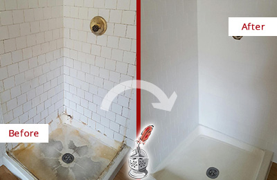 Before and After Picture of a Greenwich Village Shower Tile and Grout Cleaned to Remove Soap Scum
