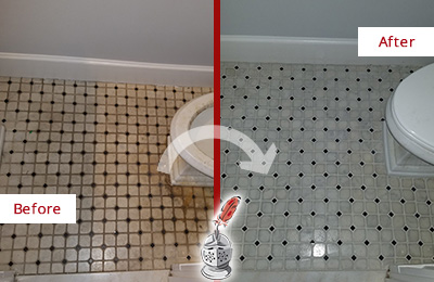 Before and After Picture of a Dumbo Bathroom Tile and Grout Cleaned to Remove Stains