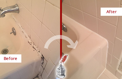 Before and After Picture of a Barren Island Bathroom Sink Caulked to Fix a DIY Proyect Gone Wrong