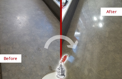 Before and After Picture of a Dull Bay Ridge Limestone Countertop Polished to Recover Its Color