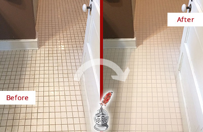 Before and After Picture of a Strivers' Row Bathroom Floor Sealed to Protect Against Liquids and Foot Traffic