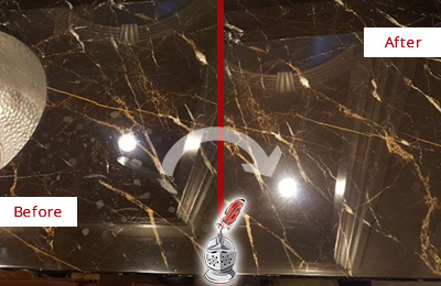 Before and After Picture of a Yorkville Marble Countertop Cleaned to Remove Water Spots