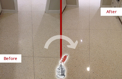 Before and After Picture of a Rockefeller Center Granite Floor Sealed for Stone Protection