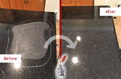Before and After Picture of a Manhattan Granite Kitchen Countertop Honed to Eliminate Scratch