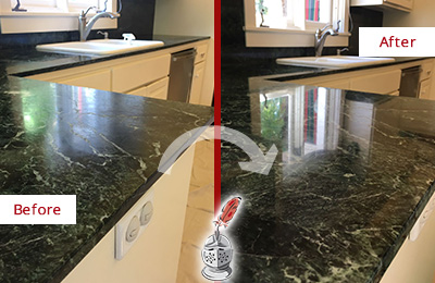 Before and After Picture of a White Sands Marble Kitchen Countertop Honed to Remove Water Marks