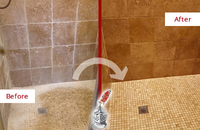 Before and After Picture of a Breezy Point Travertine Shower Honed to Remove Mineral Deposits