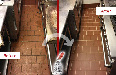 Before and After Picture of a Oakland Gardens Hard Surface Restoration Service on a Restaurant Kitchen Floor to Eliminate Soil and Grease Build-Up