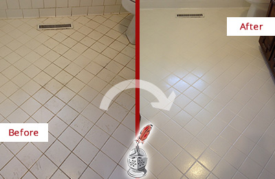 Before and After Picture of a Strivers' Row White Bathroom Floor Grout Sealed for Extra Protection