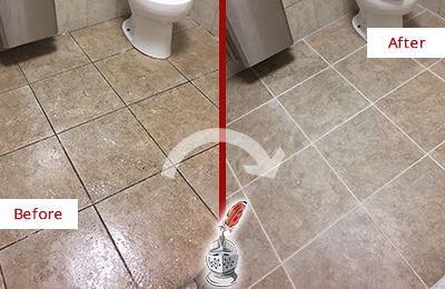 Before and After Picture of a Flushing Restroom Floor Cleaned to Eliminate Dirt