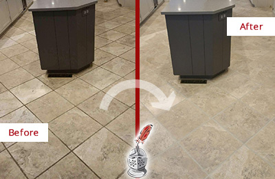 Before and After Picture of a Flushing Kitchen Floor Cleaned to Remove Stains